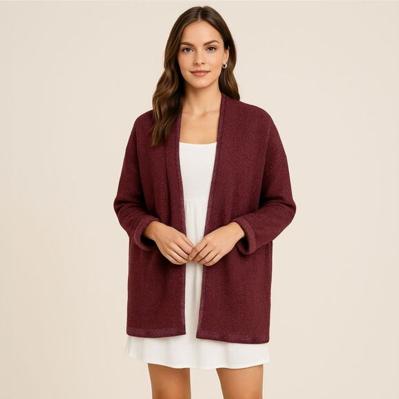NWT Pink Clover Open Front Textured Burgundy Cardigan Sweater Sz Medium - Picture 1 of 12